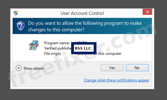 Screenshot where BSS LLC appears as the verified publisher in the UAC dialog